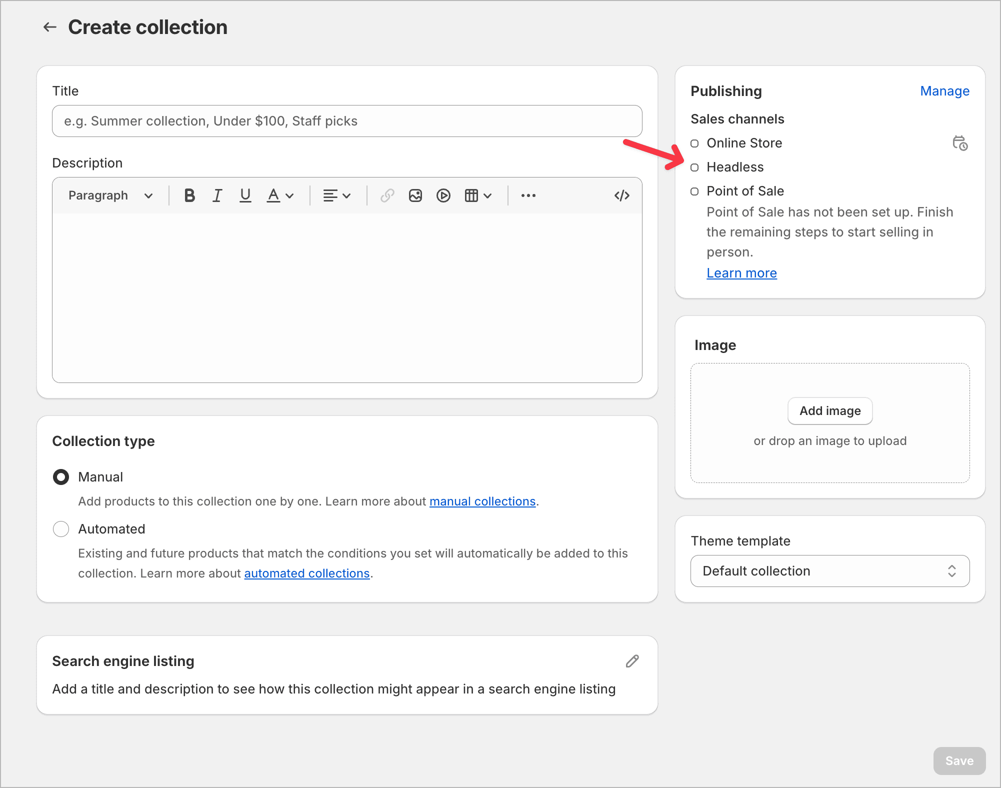 collection creation page showing manual and automated collection type options