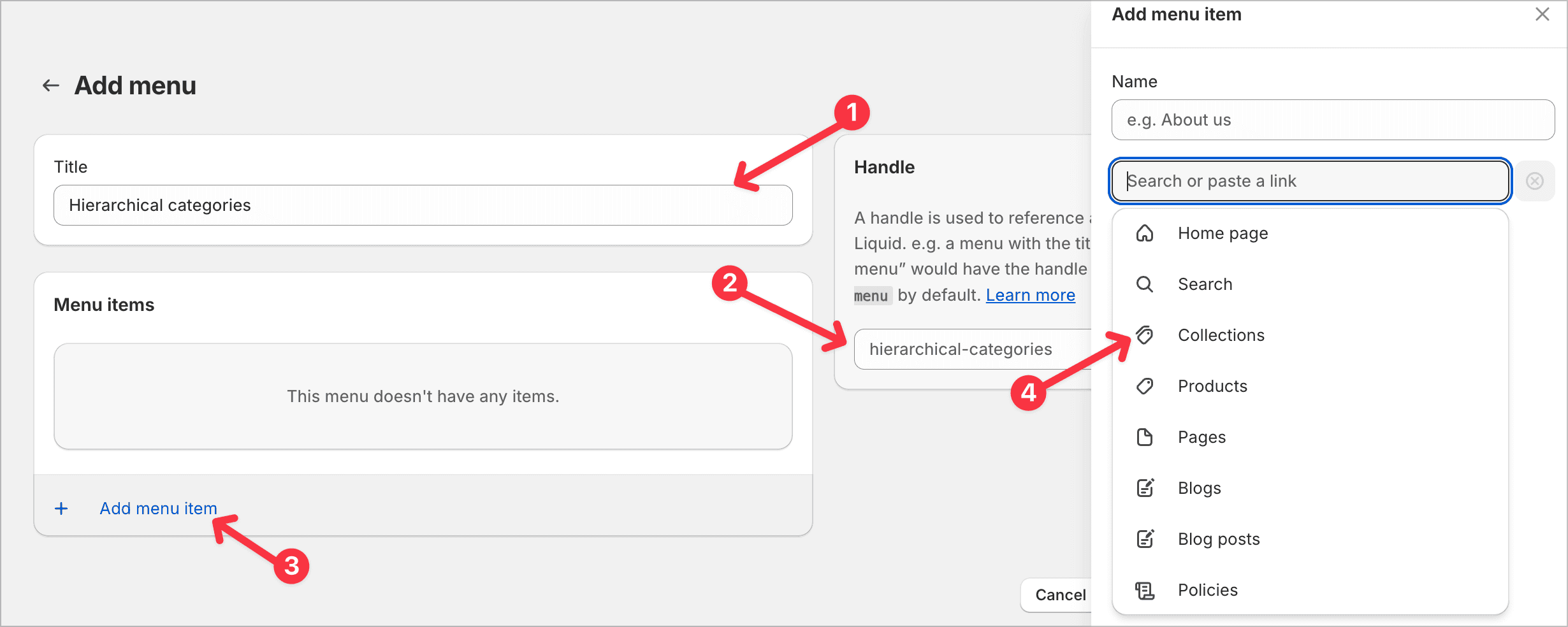 menu editor showing fields for title, handle, and menu items configuration
