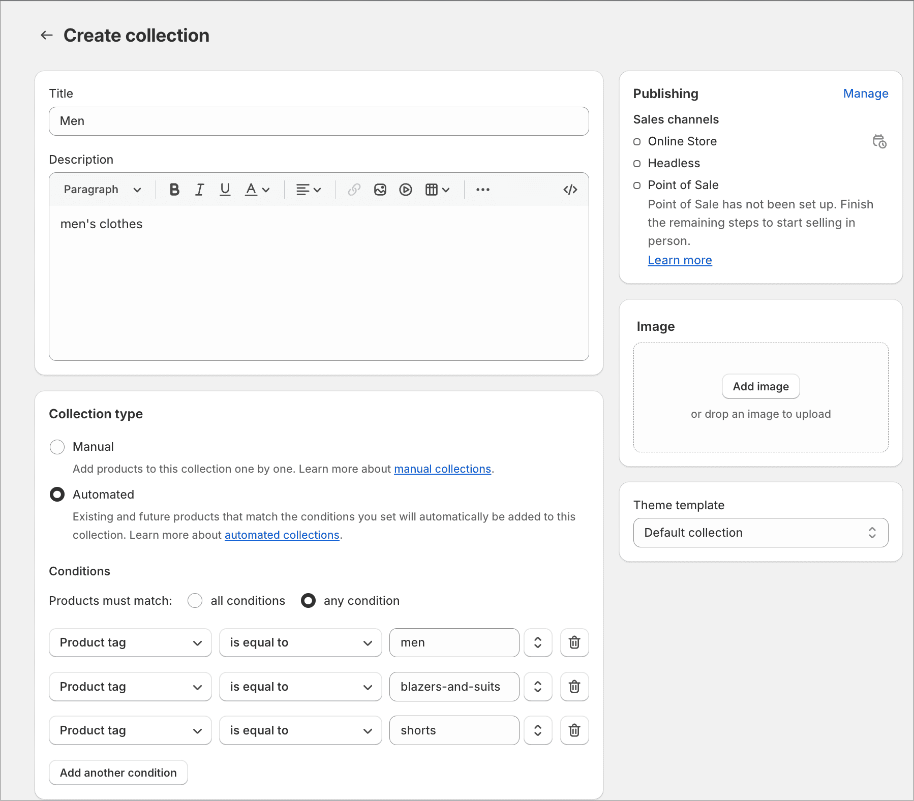 collection conditions setup showing tag-based filtering for sub-categories