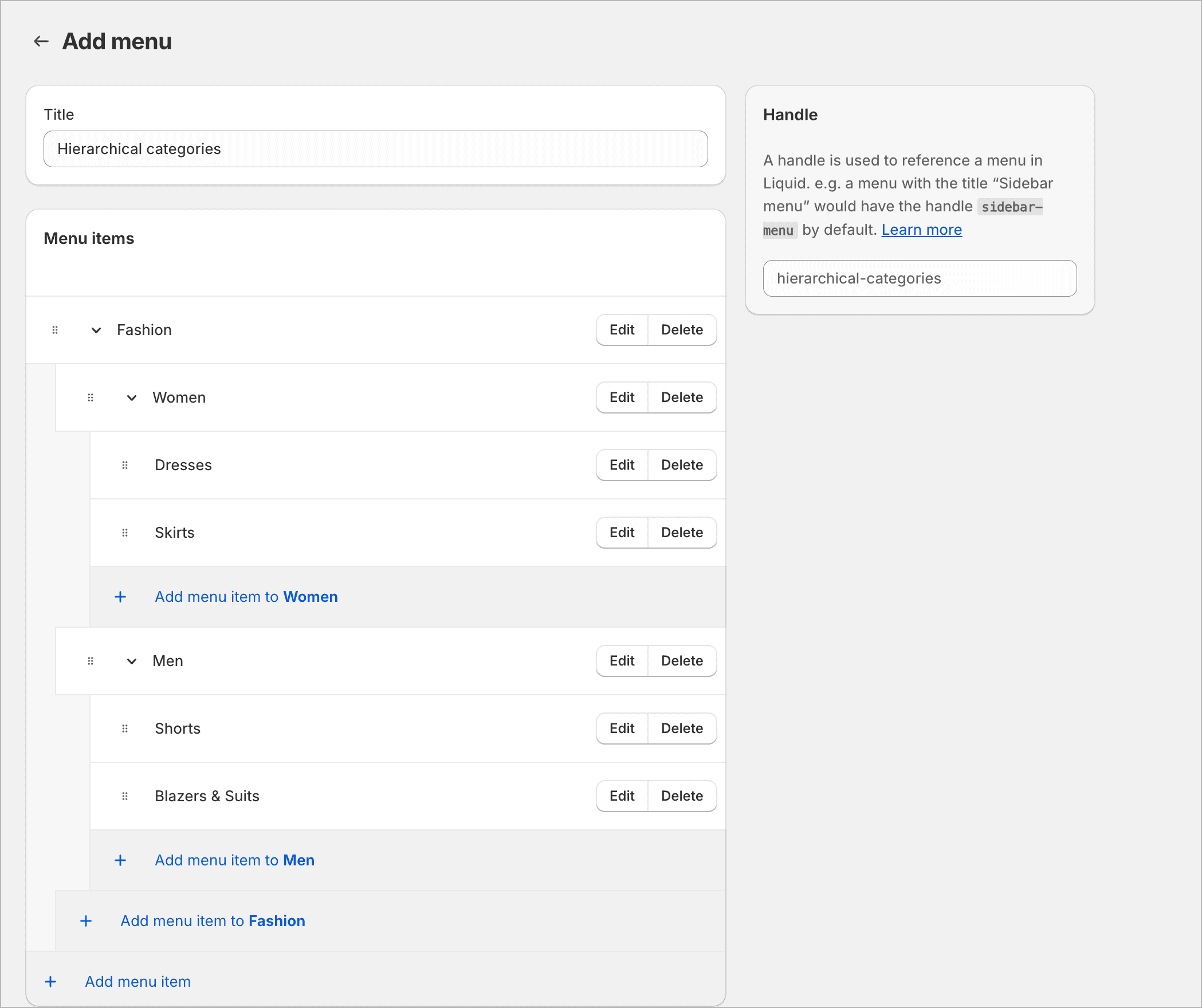 navigation menu with nested hierarchical categories showing parent and child relationships