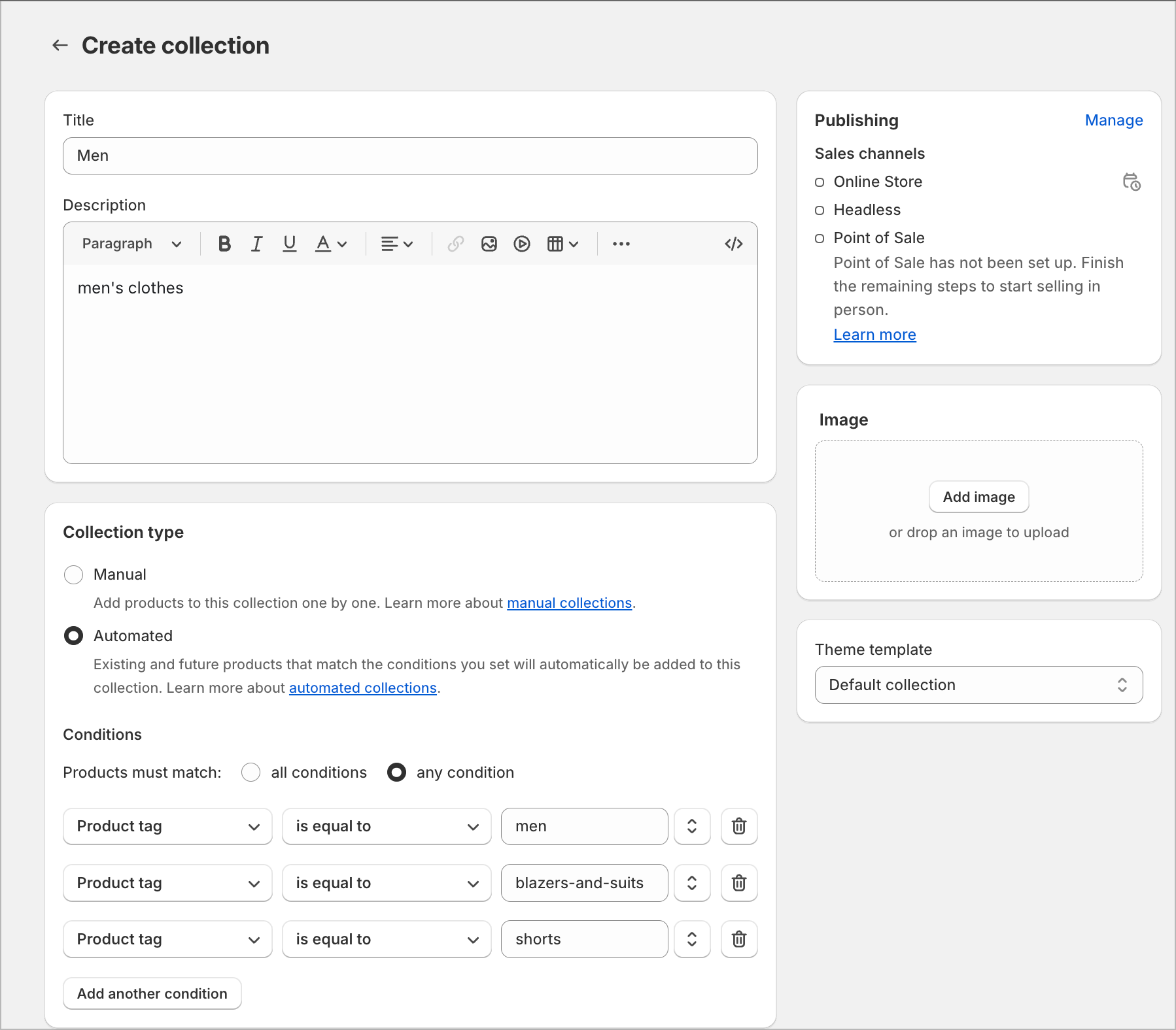 collection conditions setup showing tag-based filtering for sub-categories