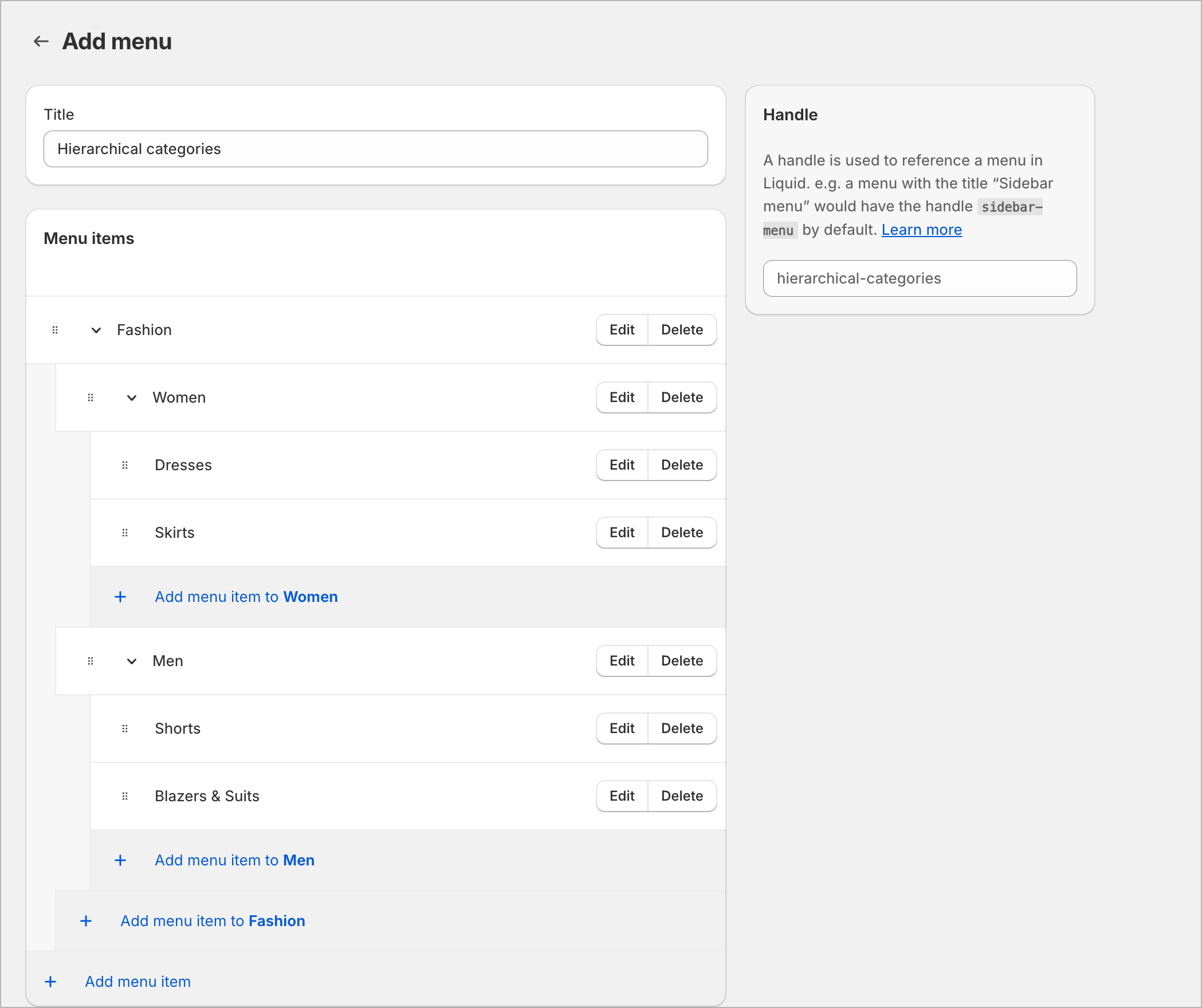 navigation menu with nested hierarchical categories showing parent and child relationships